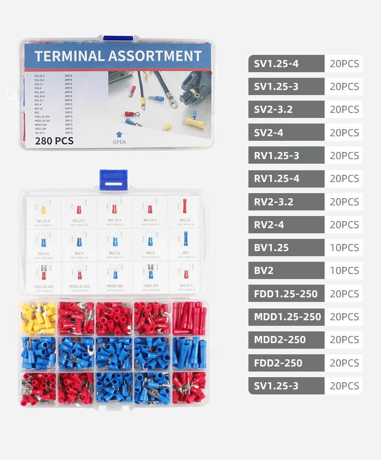 280pcs/Box Full Insulated Fork U-type Set HS-30J Terminals Crimping pliers Connectors Assortment Kit 0.5-6mm2 crimping toos