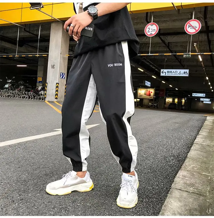 

New Harajuku Mens Lace Side Stripes Printed Color Block Patchwork Track Pants Men Hip Hop Streetwear Trousers Harem Pants Male