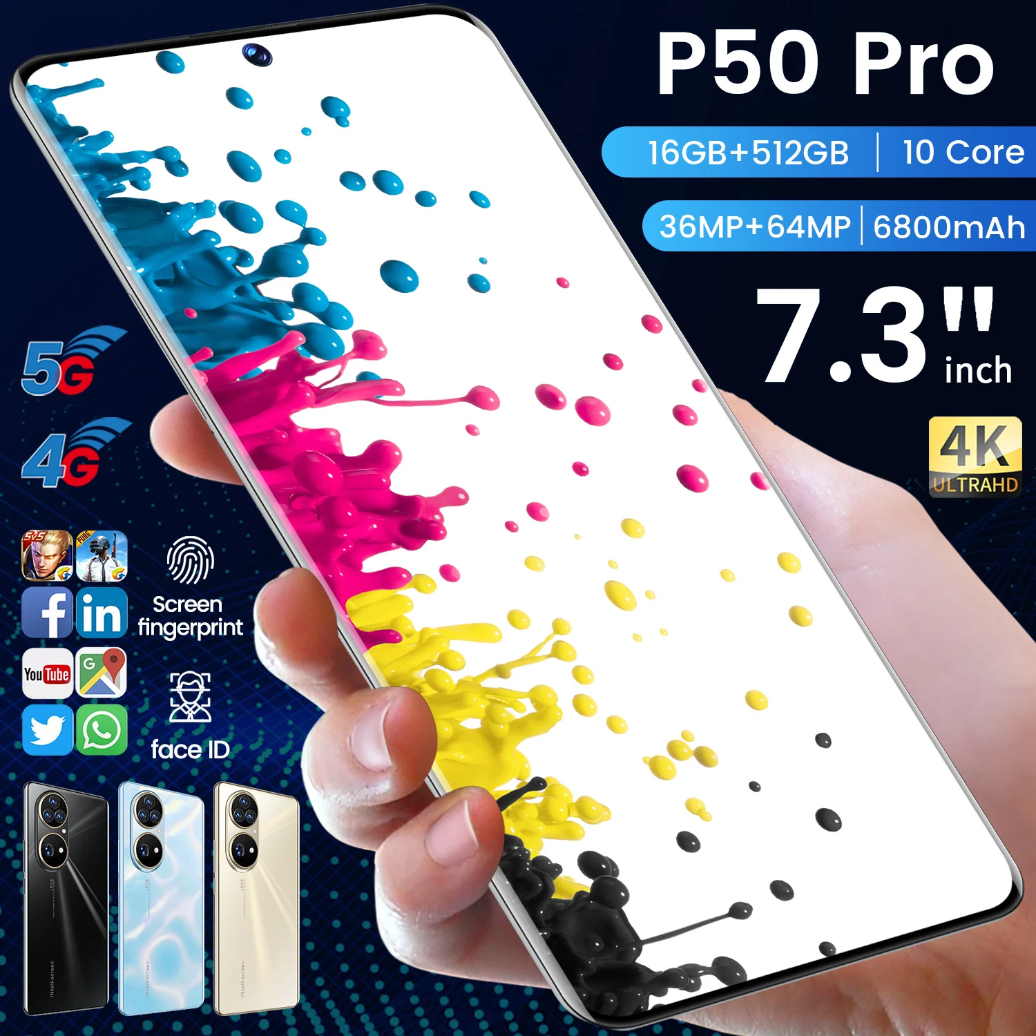 Смартфон P50 Pro 7 3 дюйма 6800 мАч 16 + 512 ГБ | Мобильные телефоны и аксессуары