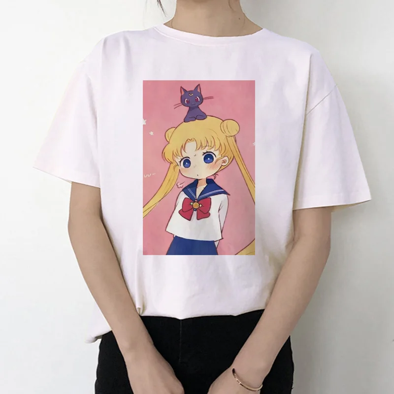 Женская футболка в стиле Харадзюку Sailor Moon 90 s красивая с рисунком кота из аниме