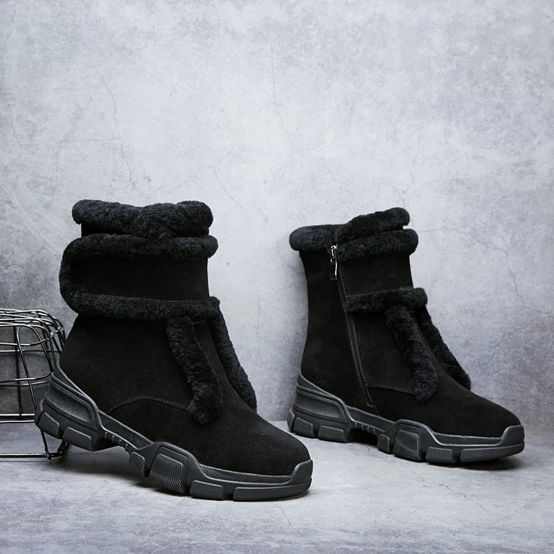 

Women's genuine suede leather hook&loop flats winter snow boots high quality warm plush cold weather comfort ankle boots shoes