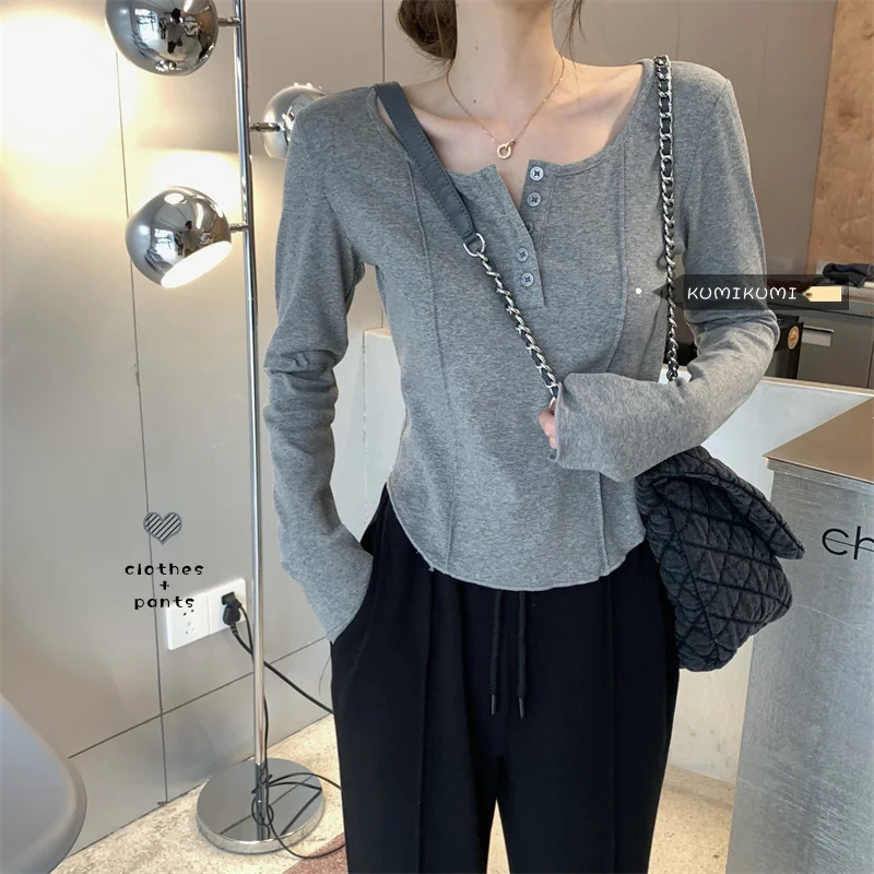 Slim Fit Versatile Long Sleeve Bottoming Shirt Solid Color Pullover T-shirt Women's Winter Short Sweet | Женская одежда