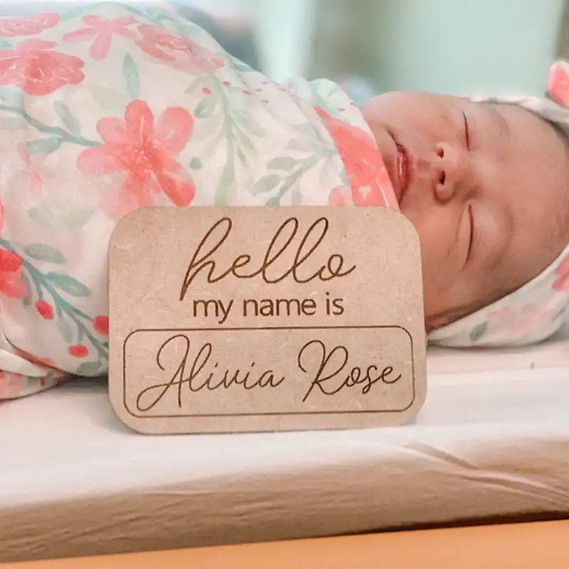 Personalized Wood Birth Announcement Hello My Name is Card for Newborn Photo Props