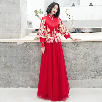 

Chinese Style Red Women Bride Wedding Dress Vintage Embroidery Flower Qipao Elegant Mandarin Collar Mesh Cheongsam Vestidos