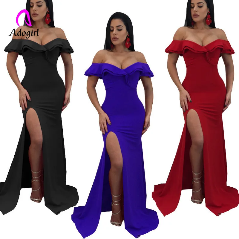 

Red Ruffle Off Shoulder Long Evening Party Dress Women Sexy V Neck Short Sleeve High Slit Robe Long Mermaid Dress Vestidos Mujer
