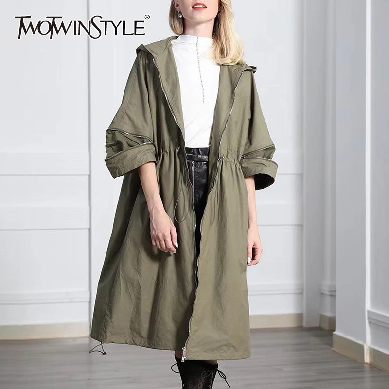 

TWOTWINSTYLE Autumn Women's Windbreaker Hooded Half Sleeve Drawstring Zipper Female Trench Coats 2019 Oversized Fashion New