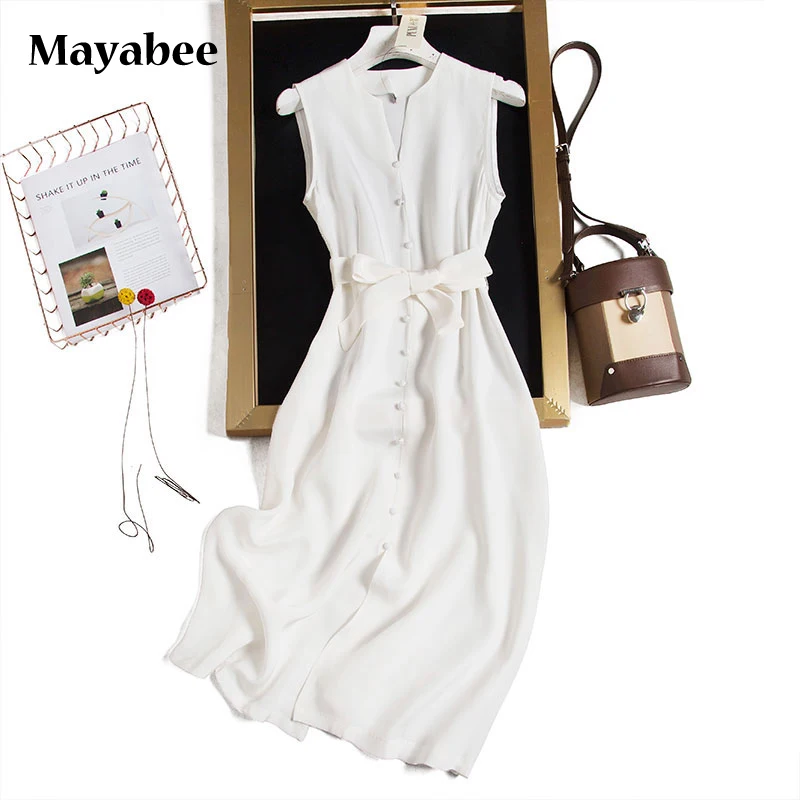 

Женское шелковое платье-рубашка без рукавов, маленькое однотонное платье на пуговицах с V-образным вырезом и поясом, весна-лето 2021