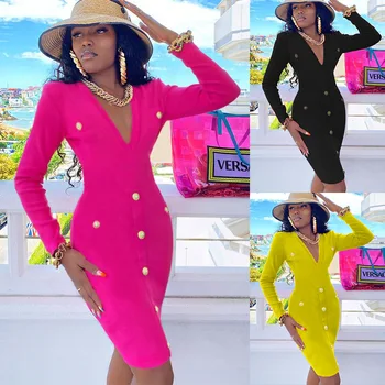 

clothing UVRCOSclothing UVRCOS 2020 Early Autumn New Solid Color and V-neck Long-Sleeved Dress