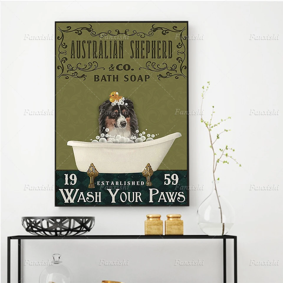 

Shepherd Dog And Duck Wash Your Paws Poster Animal Wall Art Prints Nordic Canvas Painting Hd Modular Pictures Toilet Decor Gift