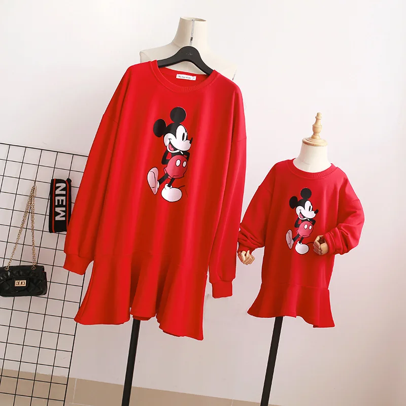 Mother Daughter Dress Cartoon Mouse Fashion Clothes Matching Family Outfits Mommy and Me Women Girls Clothing Dresses White Red