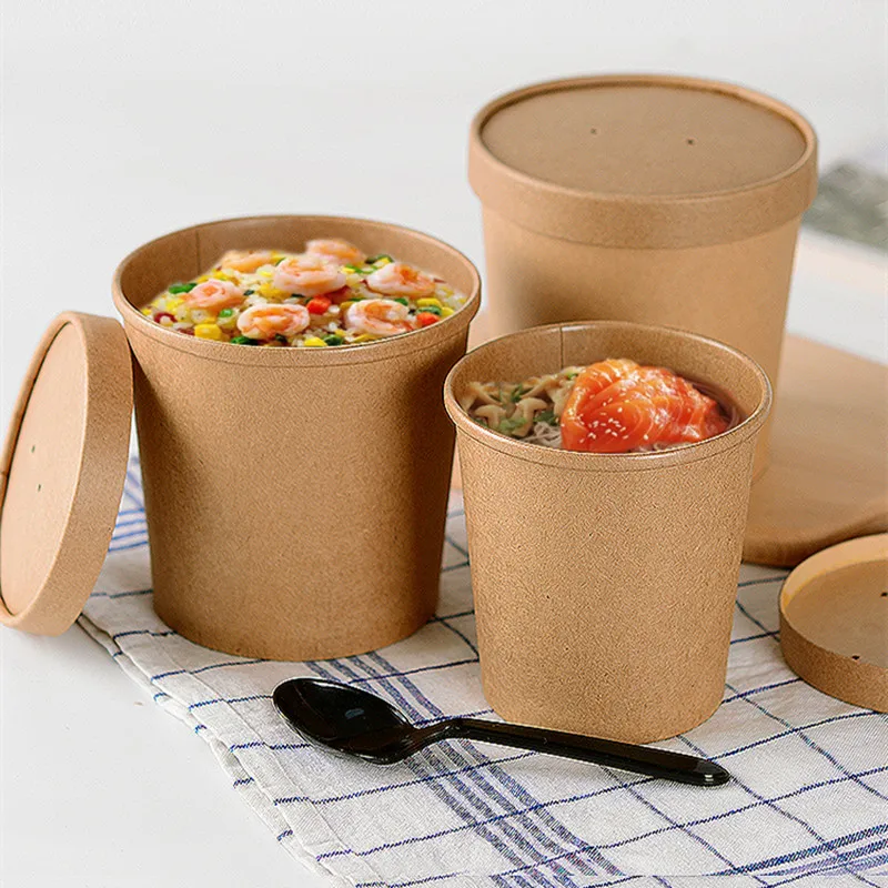 Толстая крафт-бумажная чашка одноразовый суп фрукты упаковка для десертов чашки Круглые узоры фаст-фуд герметичная упаковка на вынос с крышками