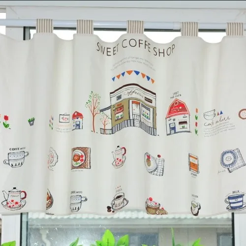 RZCortinas Cotton Linen Modern Curtain for Kitchen Cartoon pattern Short blackout Curtain for Coffee Bar Home Curtain Customized 