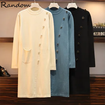 

Plus Size Half Turtleneck Sweater Buttons Front Women Dress Autumn Winter Fashion Knitted Party Dress 2020 Warm Big Clothing
