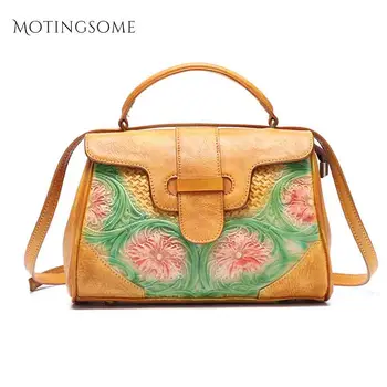 

Retro Genuine Leather Flap Bag Embossing Flowers Women Handbag In Natural Calfskin Luxury National Cowhide Bags Shopper Bag 2020