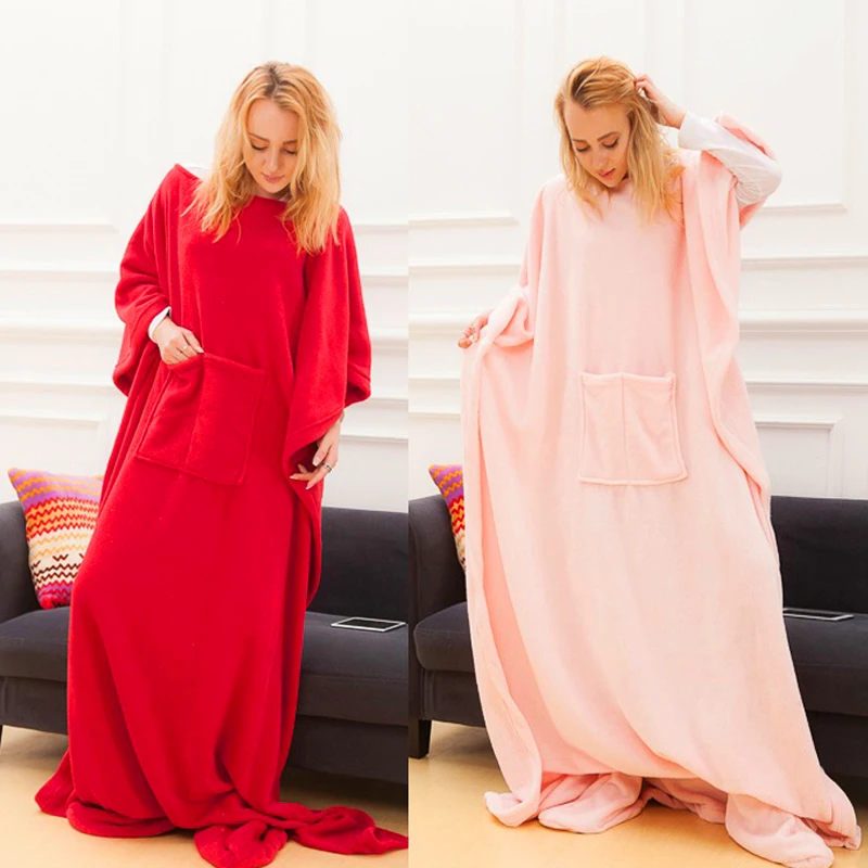 

Winter Hooded Pocket Blankets Warm Soft Hoodies TV Blanket Sweatshirt with Sleeves Slant Robe Bathrobe Pullover Flannel Fleece