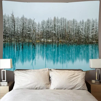 

Mountain forest lake scenery tapestry big art print tapestry psychedelic wall hanging beach towel polyester fiber thin yoga