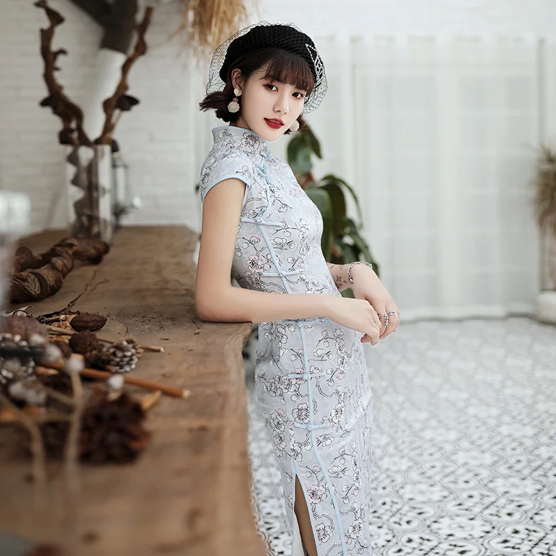 

Plus Size Traditional Chinese Dress Cheongsam Innovative Classical Style Long Dress Light Blue Sexy Split Tang Costume Lady Qipa