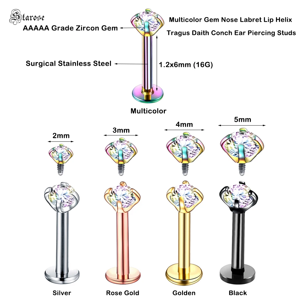 Starose 4 шт. 2~ 5 мм Радужный драгоценный камень кольцо для носа Labret пирсинг для губ комплект ноздри пирсинг спираль шпильки серьги на козелок пирсинг для ушей Oreja