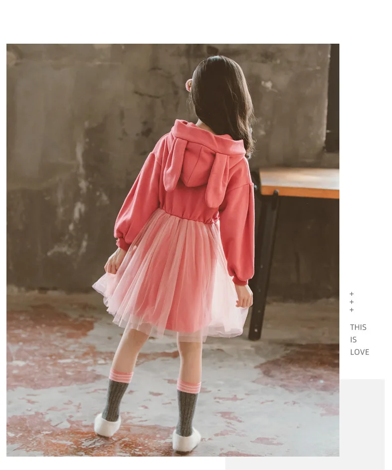 2020 Spring Autumn Big Girls Cute Pink Rabbit Ears Hooded Sweater Dresses Children Cotton Mesh Dress Blue Size 6 8 9 10 11 12 13 (9)