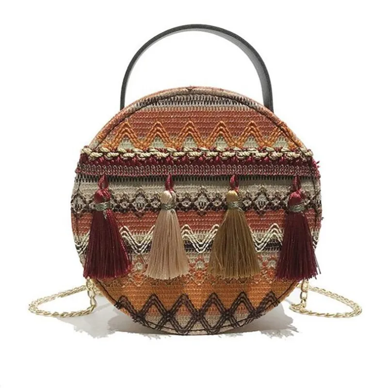 

Willow Valley Fashion Chinese Ethnic Tassel Woven Handbag Retro Woman Messenger Shoulder Bag Mini Chain Round Bag