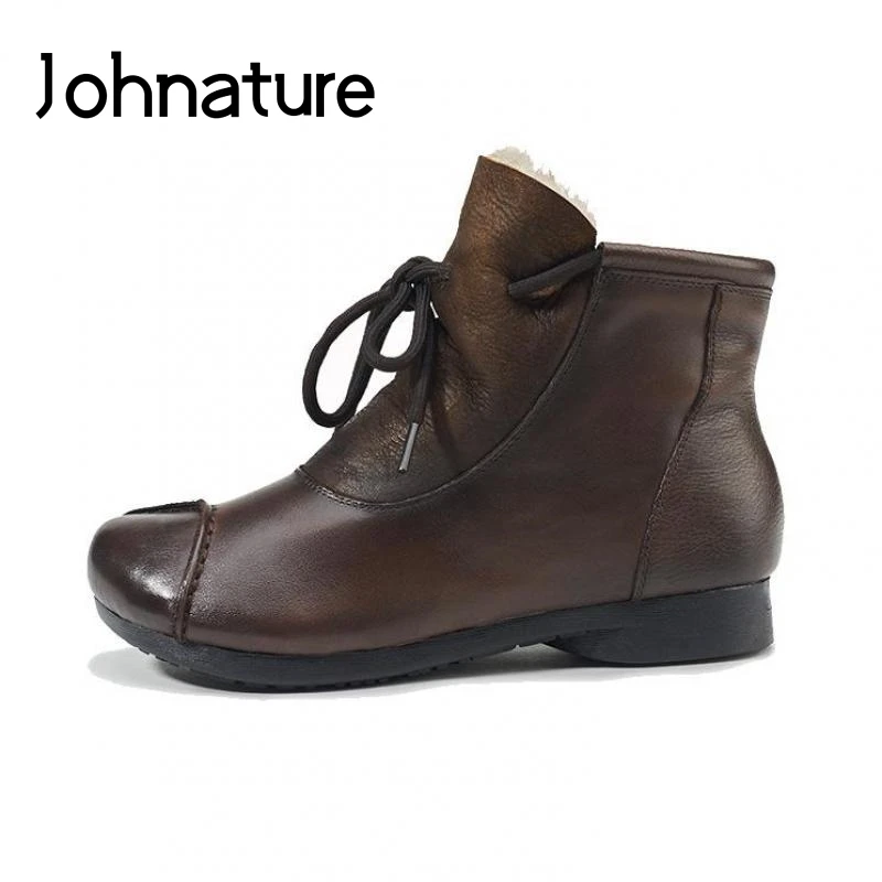 

Johnature Genuine Leather Lace-up Ankle Boots 2019 New Winter Round Toe Flat With Sewing Women Shoes Wool Retro Platform Boots