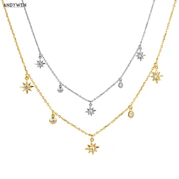 ANDYWEN 925 Sterling Silver Gold Zircon CZ Chain Flower Star Chains Choker Necklace 2020 Luxury Mini Charm Crystal Jewelry
