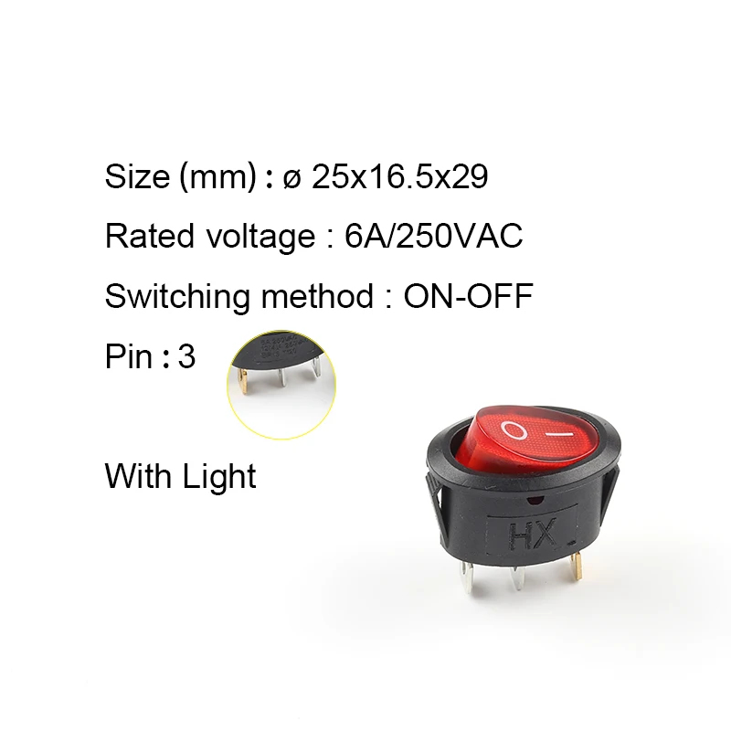 5 pcs KCD1 25*16.5mm Mini Round Boat Rocker Switch 2/3 Pin SPST ON-ON ON-OFF ON-OFF-ON 6A/250VAC Power Button Switch With Light