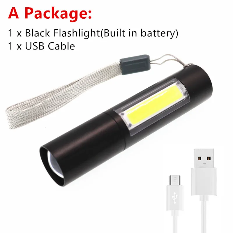 A Package Мини USB фонарь с зумом с перезаряжаемым аккумулятором 3 режима освещения COB+ XPE светодиодный водонепроницаемый портативный используется для кемпинга, езды на велосипеде, работы и т. д - Испускаемый цвет: A Package