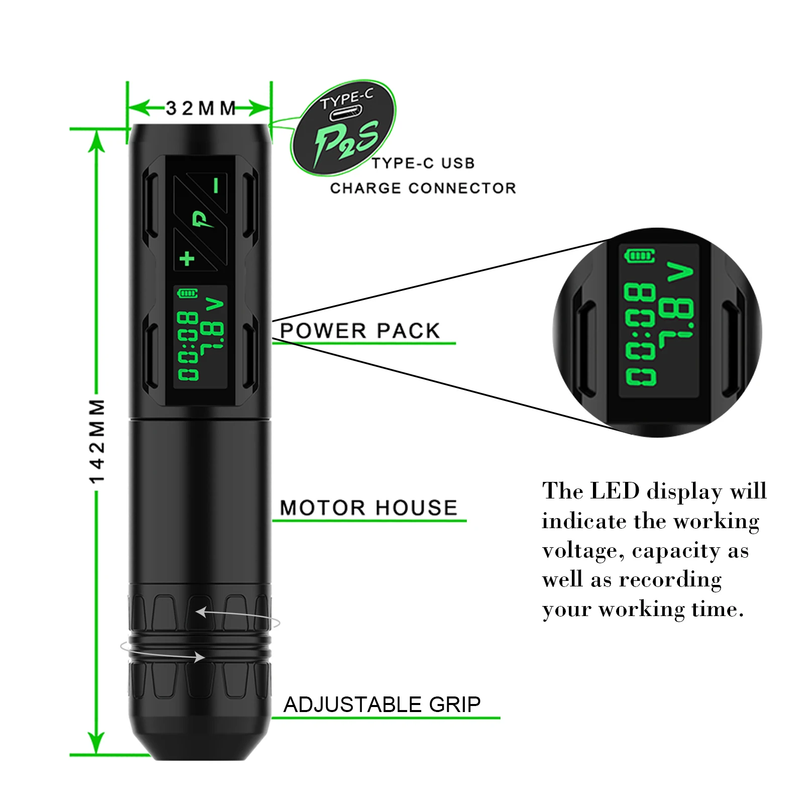 Tattoo Supplies Tattoo Kit Tattoo Pen Tattoo Motor EZ Portex Gen 2S Wireless Battery Rotary Machine Pen with Portable Power Pack 1800mAh LED Digital Display