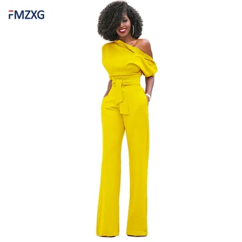

Sexy Off Shoulder Solid Bandage Belt Jumpsuit Women Elegant Office Lady Loose Romper Black Vintage Long Overall Plus Size 2XL