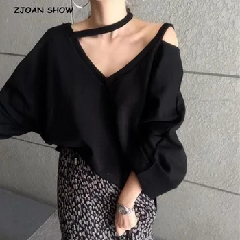 

2020 Harajuku Long Bat Sleeve Sweatshirt Women Hollow Out Shoulder V neck Loose Hole Hoodies Casual Jumper Sweats Tops
