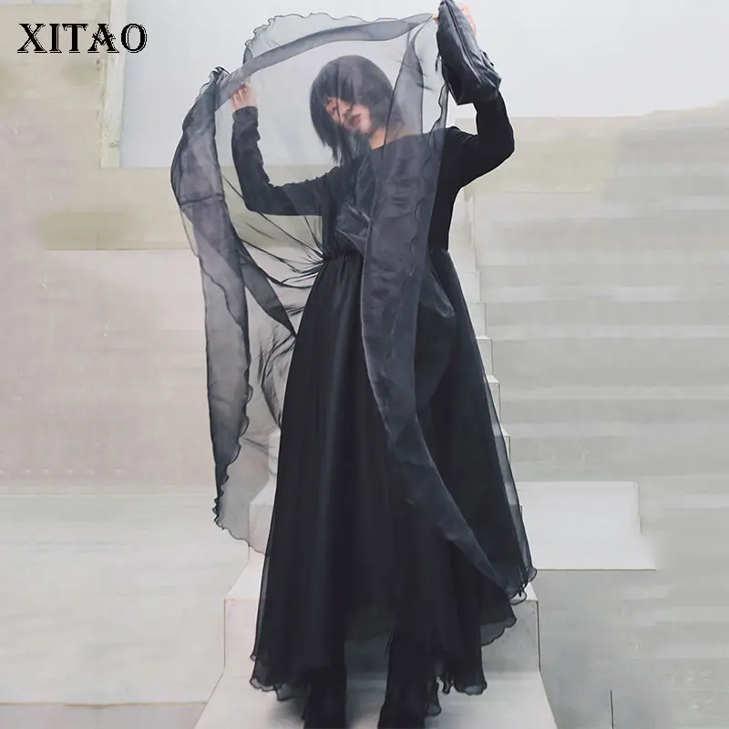 

XITAO Tide Patchwork Mesh Maxi Dress False Two Pieces Hem Lazy Wind Loose Slim Dress Women Clothes 2019 Autumn New WQR1741