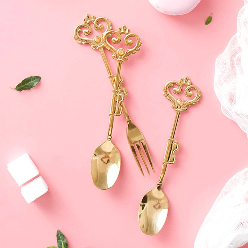 

Nordic Golden Retro Crown Dessert Coffee Cake Fork Spoon Stainless Steel Mini Decorative Fork Spoon Home Kitchen Tool