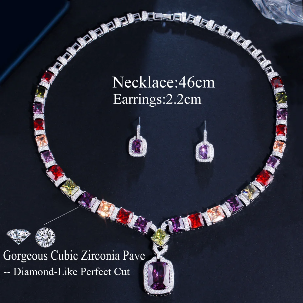 CWWZircons Multi Color Purple Cubic Zirconia Big Square Drop Luxury Wedding Bridal Necklace Earrings Costume Jewelry Set T569 bridal jewelry sets