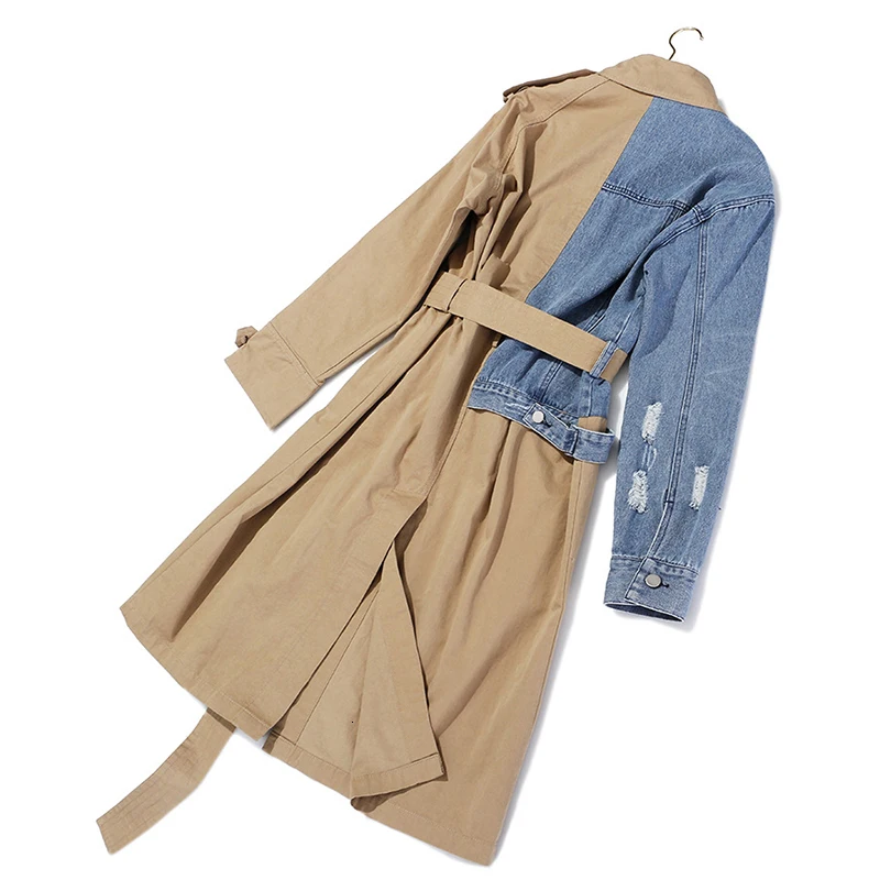 CHICEVER модного цвета, в стиле пэчворк джинсовые Для женщин ветровка с воротником с бортами высокого пояса на шнуровке женский пальто Осенняя мода