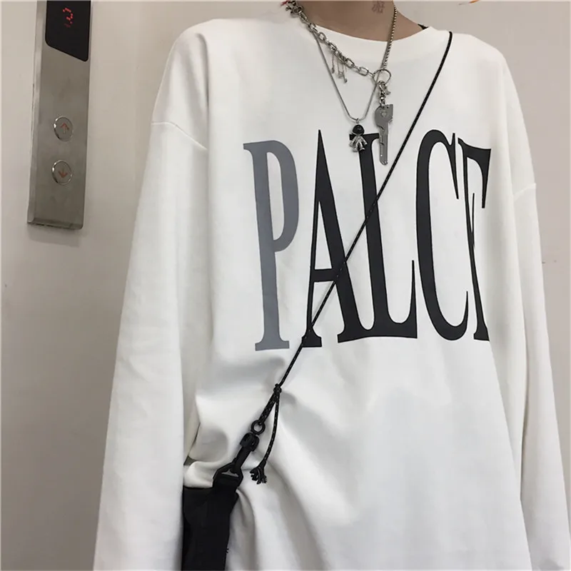 Осень INS Harajuku стиль улица личность письмо печать с длинными рукавами футболка Женская свободная пара куртка tide 2