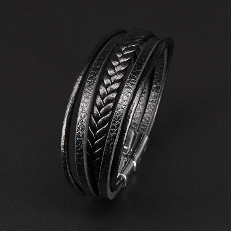 Men Multilayer Leather Bracelet Magnetic-clasp Cowhide Braided Multi Layer Wrap Bangles,bracelet jewelry