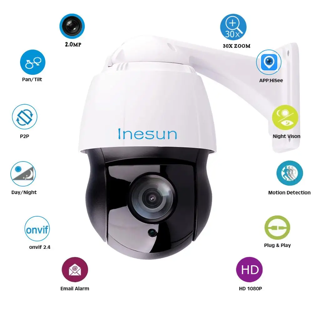 Inesun 30X Zoom PTZ IP камера 2MP HD 1080P Высокоскоростная купольная камера 500 футов Лазерная ИК ночного видения Водонепроницаемая наружная