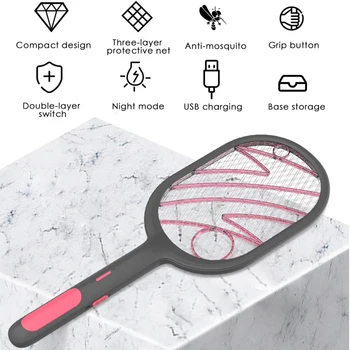 

3000V Electric Insect Racket Swatter Zapper USB 1200mAh Rechargeable Mosquito Swatter Kill Fly Bug Zapper Killer trap