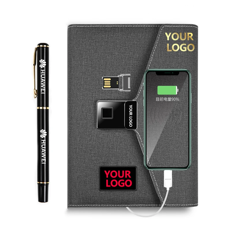 Custom Light UP Logo 8000mAh Wireless Charging Diary USB Flash Drive PU Leather Power Bank Notebook