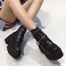 PXELENA женские готические сапоги с заклепками и пряжками; Осенняя обувь; обувь на массивном высоком каблуке и платформе в стиле панк; байкерские сапоги в байкерском стиле