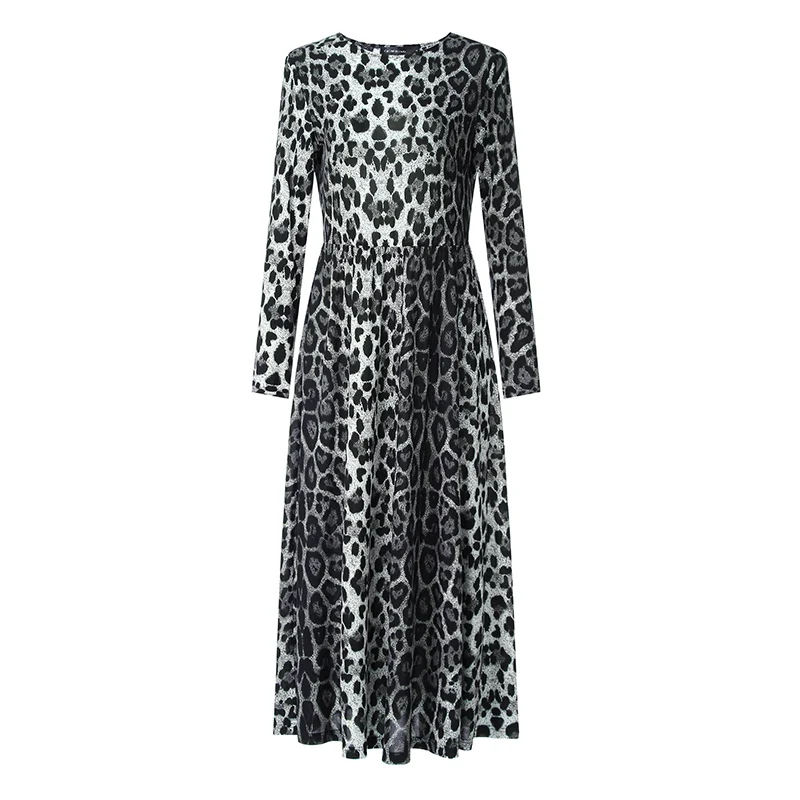 Осень, женское платье макси, винтажное, леопардовое, с длинным рукавом, повседневное, свободное, плиссированное, длинное, Vestidos S-5XL - Цвет: Серый