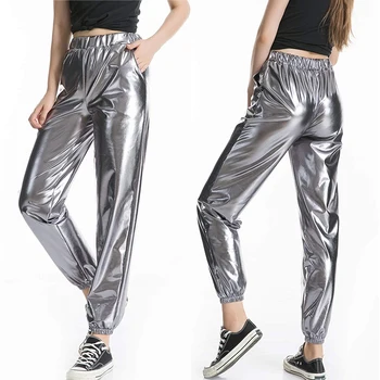 

Casual Women New High Waist Metallic Shiny Jogger Pants Ladies Fashion Holographic Color Streetwear Pants