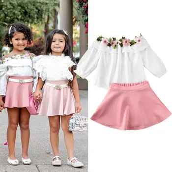 

2020 Kids Girls Sweet Clothes long sleeve Rose Embroidered white Ruffle Tshirt Off Shoulder Top Pink A-line Skirt summer Outfit