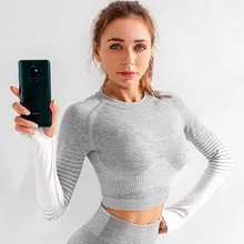 X-HERR シームレスクロップトップ女性プッシュアップブラジャー長袖トップスジム · フィットタイトなアクティブレギンス(China)