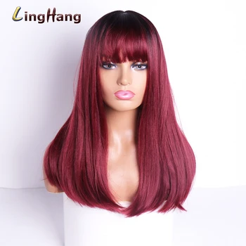 

LingHang Long Straight Wig Synthetic Hair With Bangs 4 Colors Women's Wigs Can Use Heat Resistant Daily Fiber Wigs
