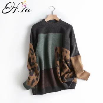 

H.SA 2020 Spring Women Vintage Leopard Pullover and Sweaters Patchwork Brown Knit Jumpers Loose Styler Korean Slim Pull Jumpers
