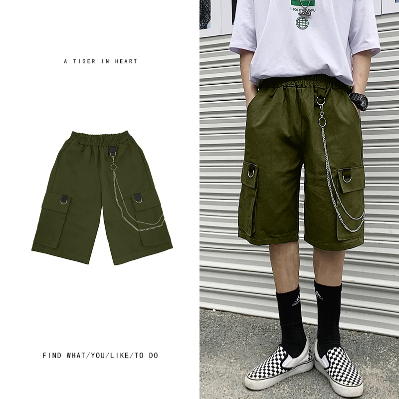 

Summer Stretch Waist Shorts Men's Fashion Solid Color Casual Multi-pocket Shorts Men Streetwear Wild Loose Hip Hop Overalls Mens