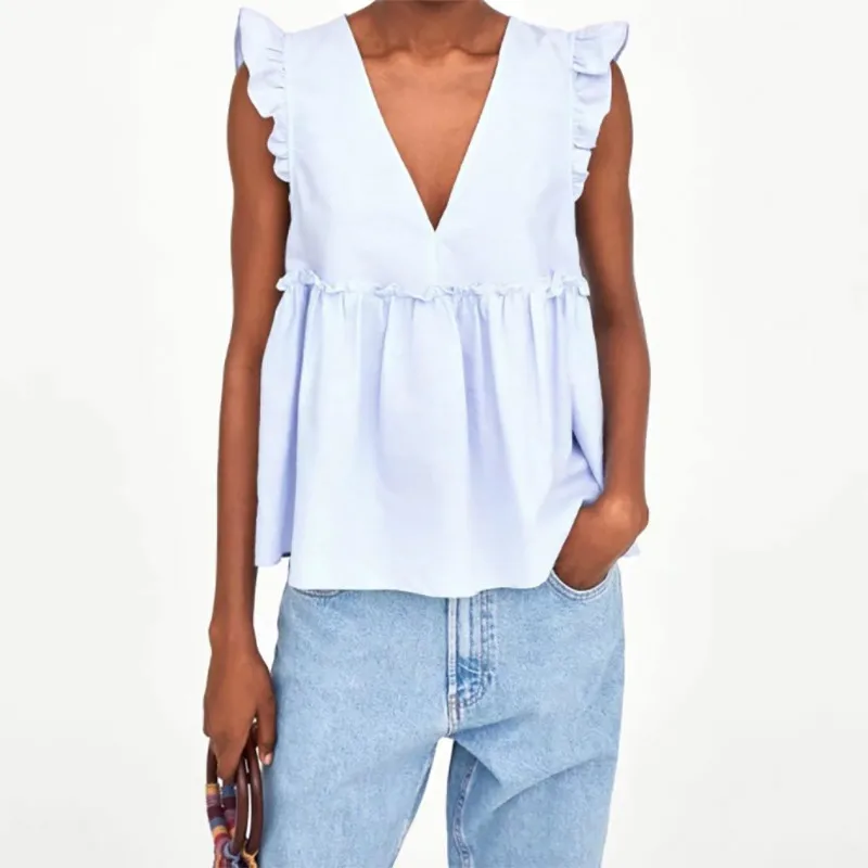 

Blouse V-neck Women Ruffled Back Bow Tie Lady Shirts Chic Fashion Sleeveless Pleated Casual Sweet For Female