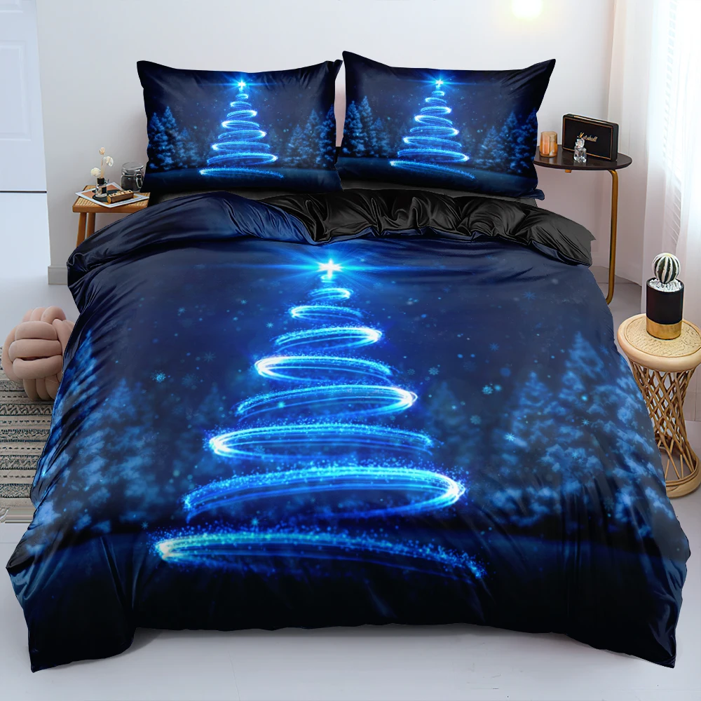 

Black Bed Linens Merry Christmas Bedding sets Blue Tree Design Custom Duvet cover set Quilt covers Pillowcases King Queen size